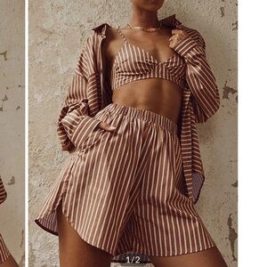 Commense Brown Striped Button Down Shirt, bralette and shorts NWOT